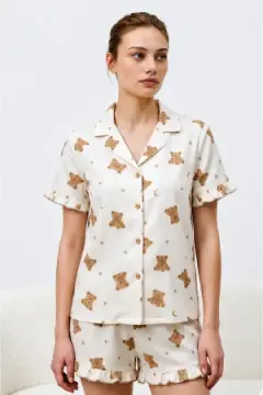 Kadın Premium Fırfırlı Kar Beeyaz Pijama Takımı Kar beyaz