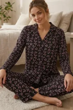 Pembe Kalp Desenli Uzun Kollu Pijama Takımı 4602
