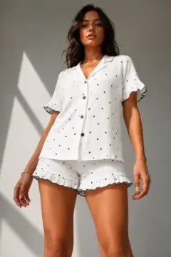 Kadın Süprem Gömlek Şort Düğme Beyaz Pijama Takımı