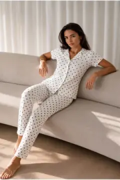 Kadın Loose Uzun Paça Pamuk Kar Beyaz Pijama Takımı