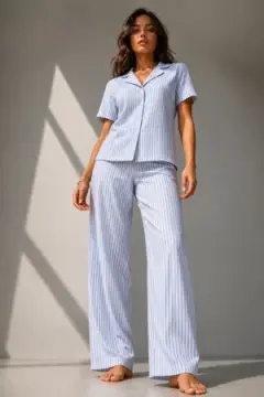 Kadın Klasik Doğal Düğme Gece Mavi Pijama Takımı