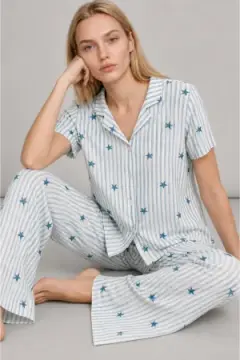 Kadın Kısa Kollu Rahat Mavi Pijama Takımı 4728