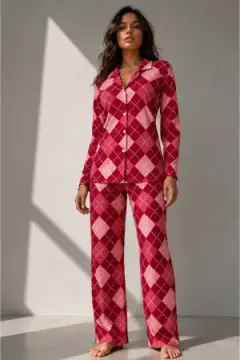 Kadın Uzun Kol Pamuklu Kırmızı Pijama Takımı