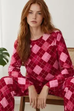 Kadın Çizgili Regular Fit Kırmızı Pijama Takımı 4766