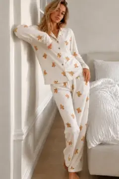 Kadın Gömlek Yaka Düğmeli Beyaz Pijama Takımı