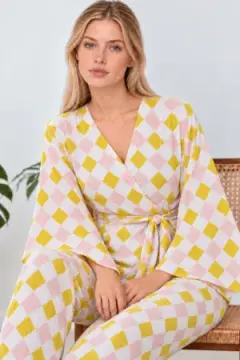 Kadın Kruvaze Kuşaklı Sarı İkili Pijama Takımı 4804
