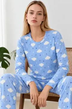 Kadın Kışlık Trend Mavi Gecelik Pijama Takımı 4833