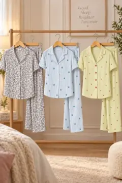3 Adet Kadın Kısa Kollu Rahat Pijama Takımı Mavi