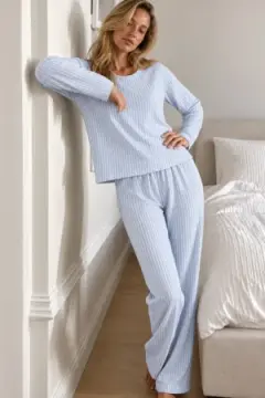 Kadın Çizgili Comfort Fit Mavi Pijama Takımı