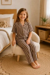 Kız Çocuk Çizgili Gecelik Kahve Pijama Takımı