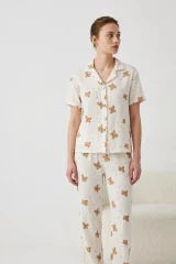 V Yaka Kapama Lastik Bel Kırık Beyaz Pijama Takımı