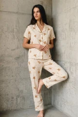 V Yaka Düğmeli Casual Kırık Beyaz Pijama Takımı