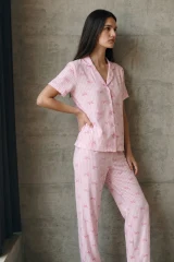 V Yaka Düğmeli Casual Pembe Pijama Takımı