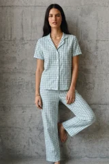 V Yaka Düğmeli Casual Su Yeşili Pijama Takımı