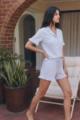 Kadın Esnek Şortlu Bol Mavi Pijama Takımı