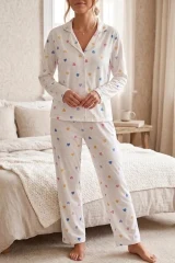 Renkli Kalp Desenli Uzun Kollu Pijama Takımı 4603 -Kar Beyaz