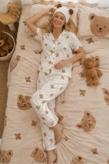 Ayıcık Desenli Bürümçük kumaş Kısa Kollu Pijama Takımı 6068 Kırık Beyaz