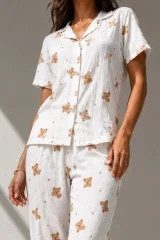 Kadın Klasik Doğal Düğme Gece Kırık Beyaz Pijama Takımı