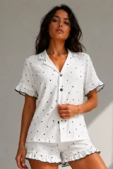Kadın Süprem Gömlek Şort Düğme Beyaz Pijama Takımı