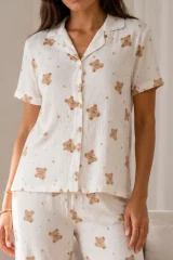 Kadın Loose Uzun Paça Pamuk Kırık Beyaz Pijama Takımı