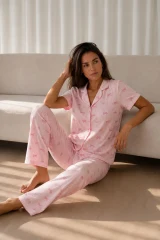 Kadın Loose Uzun Paça Pamuk Pembe Pijama Takımı