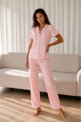 Kadın Loose Uzun Paça Pamuk Pembe Pijama Takımı