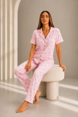 Kadın Kısa Kol Rahat Kalıp Şık Pembe Pijama Takımı