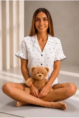 Kadın Günlük Düğmeli V Yaka Beyaz Pijama Takımı