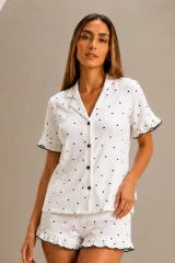 Kadın Günlük Düğmeli V Yaka Beyaz Pijama Takımı