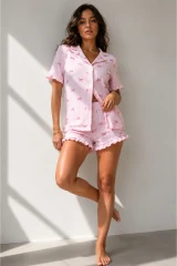 Kadın Süprem Gömlek Şort Düğme Pembe Pijama Takımı