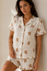 Kadın Düz Pamuk Homewear Kar Beyaz Pijama Takımı