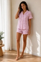 Kadın Düz Pamuk Homewear Pembe Pijama Takımı