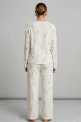 Kadın Desenli Uzun Kollu Ekru Pijama Takımı 4722