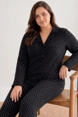 Kadın Puantiyeli Düğmeli Siyah Pijama Takımı 852