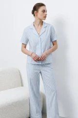 V Yaka Kapama Lastik Bel Mavi Pijama Takımı