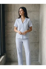 V Yaka Düğmeli Casual Mavi Pijama Takımı