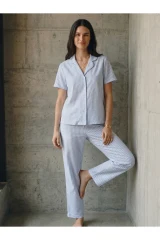 V Yaka Düğmeli Casual Mavi Pijama Takımı