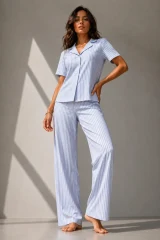 Kadın Klasik Doğal Düğme Gece Mavi Pijama Takımı