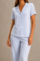Kadın Kısa Kol Rahat Kalıp Şık Mavi Pijama Takımı
