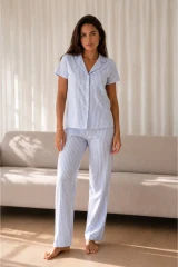 Kadın Loose Uzun Paça Pamuk Mavi Pijama Takımı