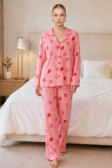 Kadın Dudak Desenli Pembe Pijama Takımı 4677