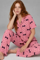 Kadın Kısa Kol Desenli Pembe Pijama Takımı 4729