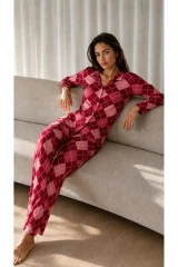 Kadın Desenli Basic Kış Kırmızı Pijama Takımı
