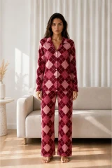 Kadın Desenli Basic Kış Kırmızı Pijama Takımı