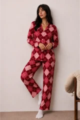 Kadın Düğmeli Kışlık Ev Kırmızı Pijama Takımı