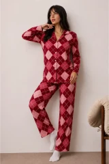 Kadın Düğmeli Kışlık Ev Kırmızı Pijama Takımı
