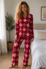 Kadın Örme Gömlek Yaka Kırmızı Pijama Takımı