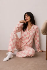 Kadın Düğmeli Kışlık Ev Pembe Pijama Takımı