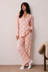 Kadın Düğmeli Kışlık Ev Pembe Pijama Takımı