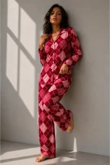 Kadın Uzun Kol Pamuklu Kırmızı Pijama Takımı